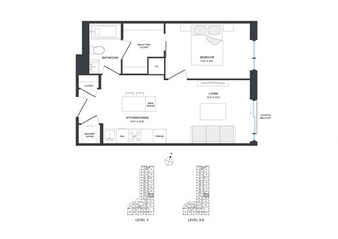 Floor plan for 1 bed, 1 bath, 559 sqft